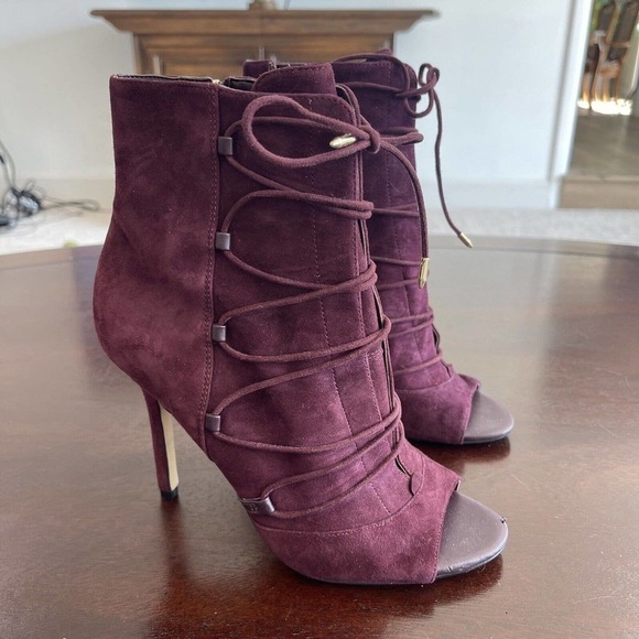 Sam Edelman Booties 7.5 Asher Wine Suede Open Toe Lace Up Ankle Boots Zip - Picture 1 of 13
